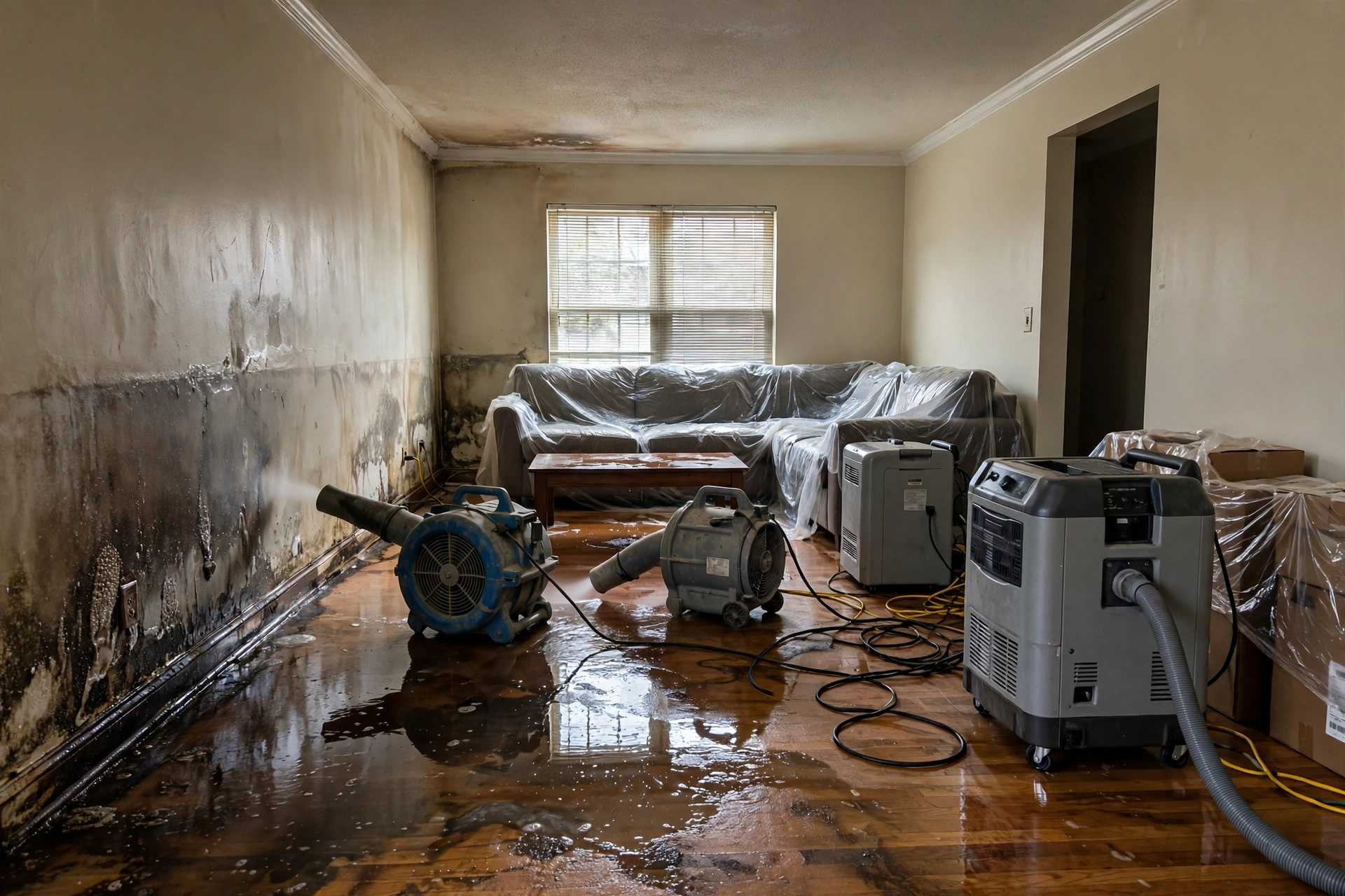 Water-damaged living room with professional drying equipment in McKinney, TX