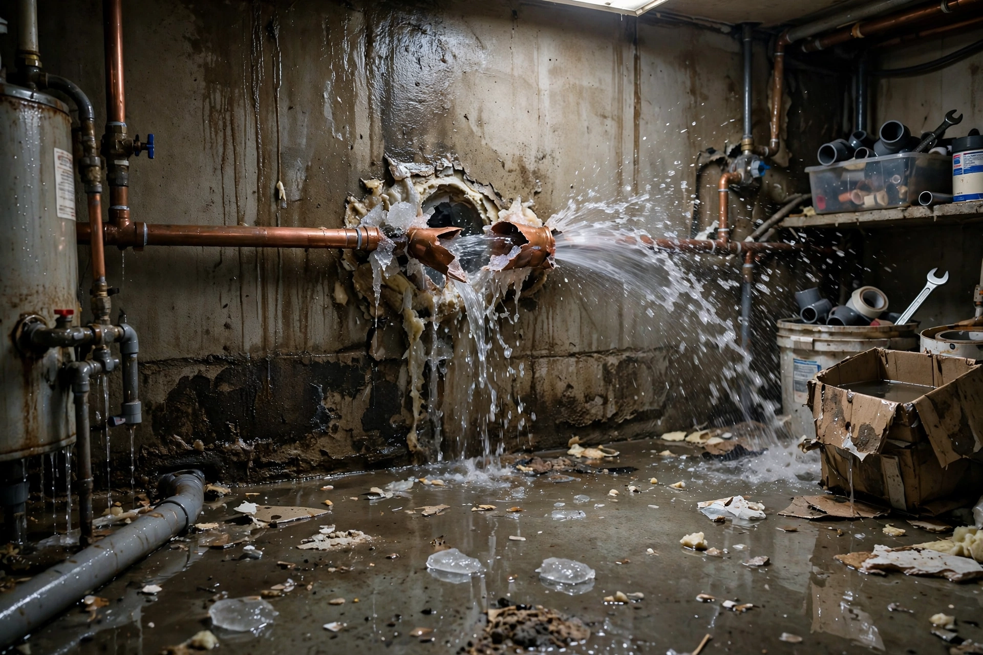 Burst frozen pipe spraying water in a home in McKinney, TX
